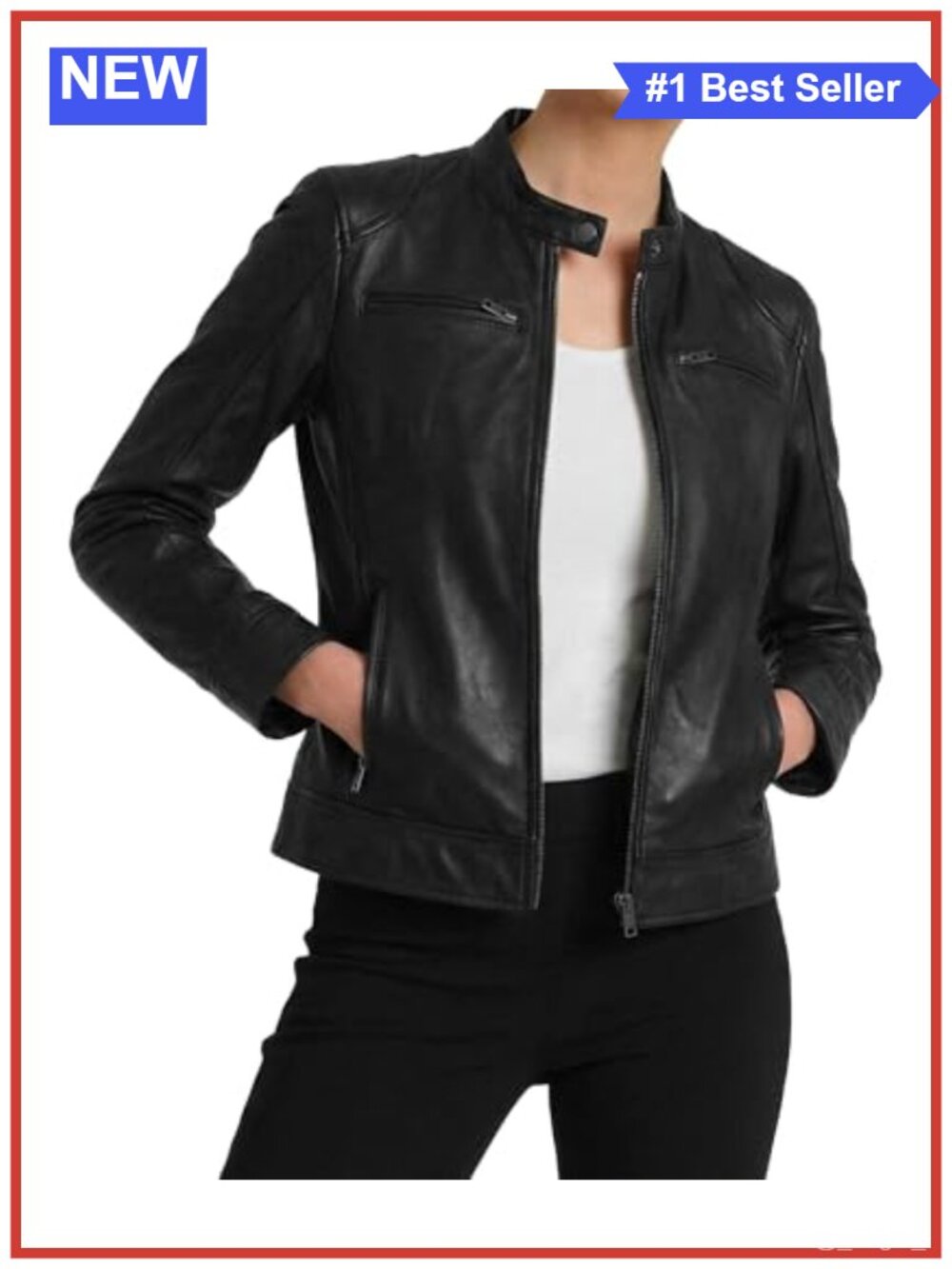 Real Lambskin Leather Jacket Women Cafe Racer Moto Zip Moto - Picture 4 of 6